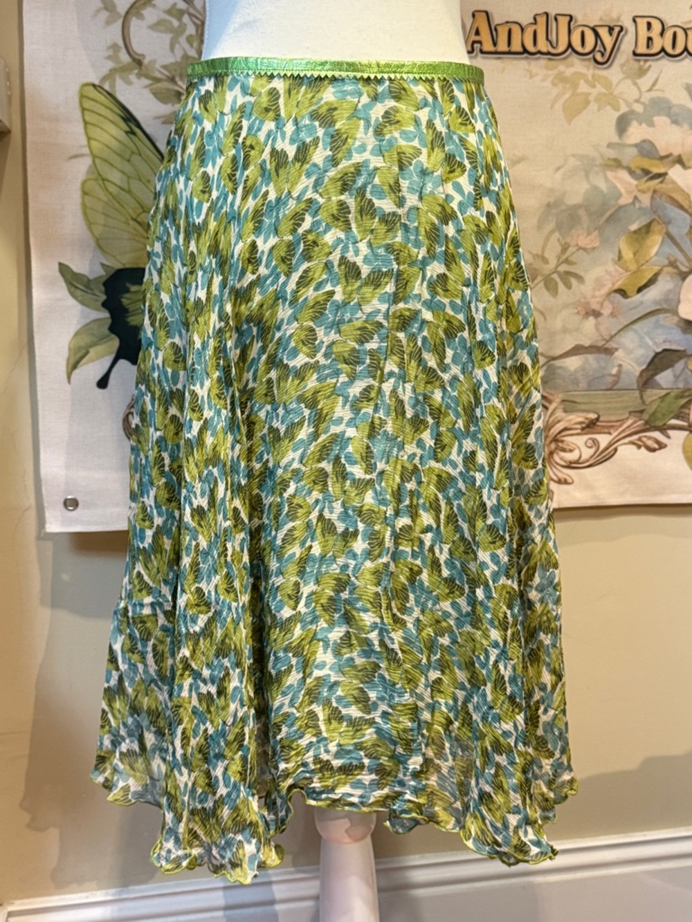 Silk Green Floral Pleated Midi Skirt - Women's